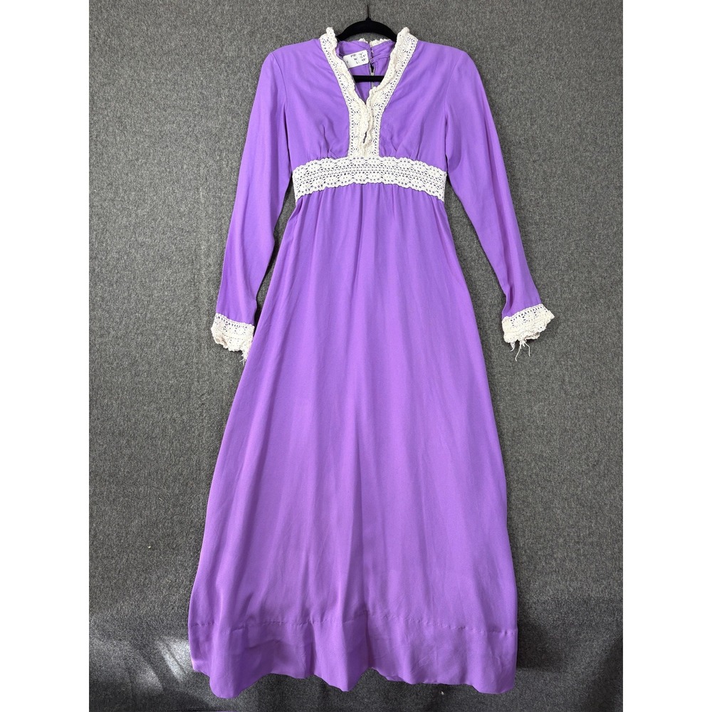 Vintage 70s Purple Empire Waist Maxi Dress Crochet Lace Trim Long‎ Sleeve Gown